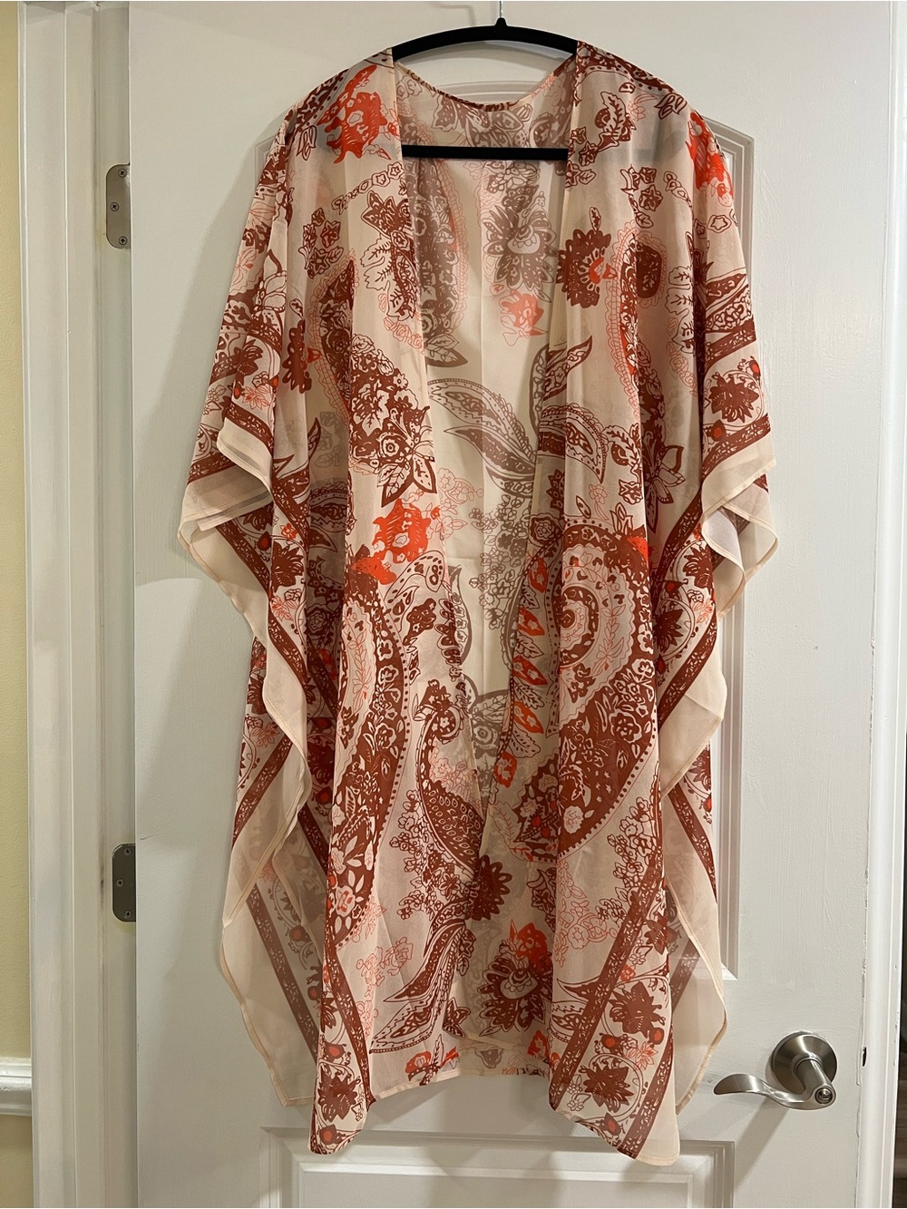 Lightweight Ivory Beige and Rust Paisley Kimono Cardigan Cover-Up
